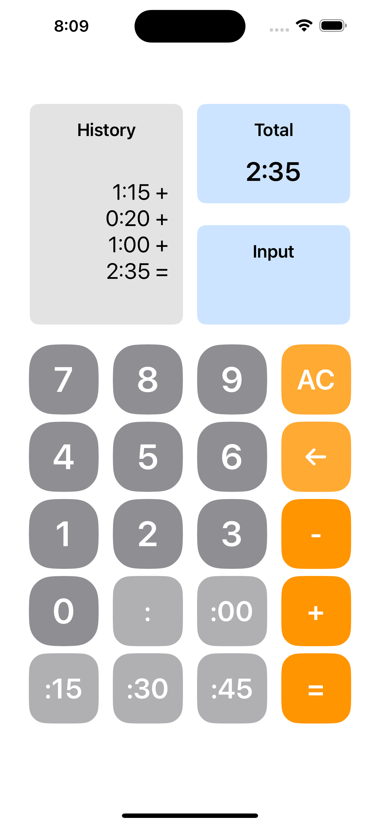 Screenshot of Time Calculator hh:mm